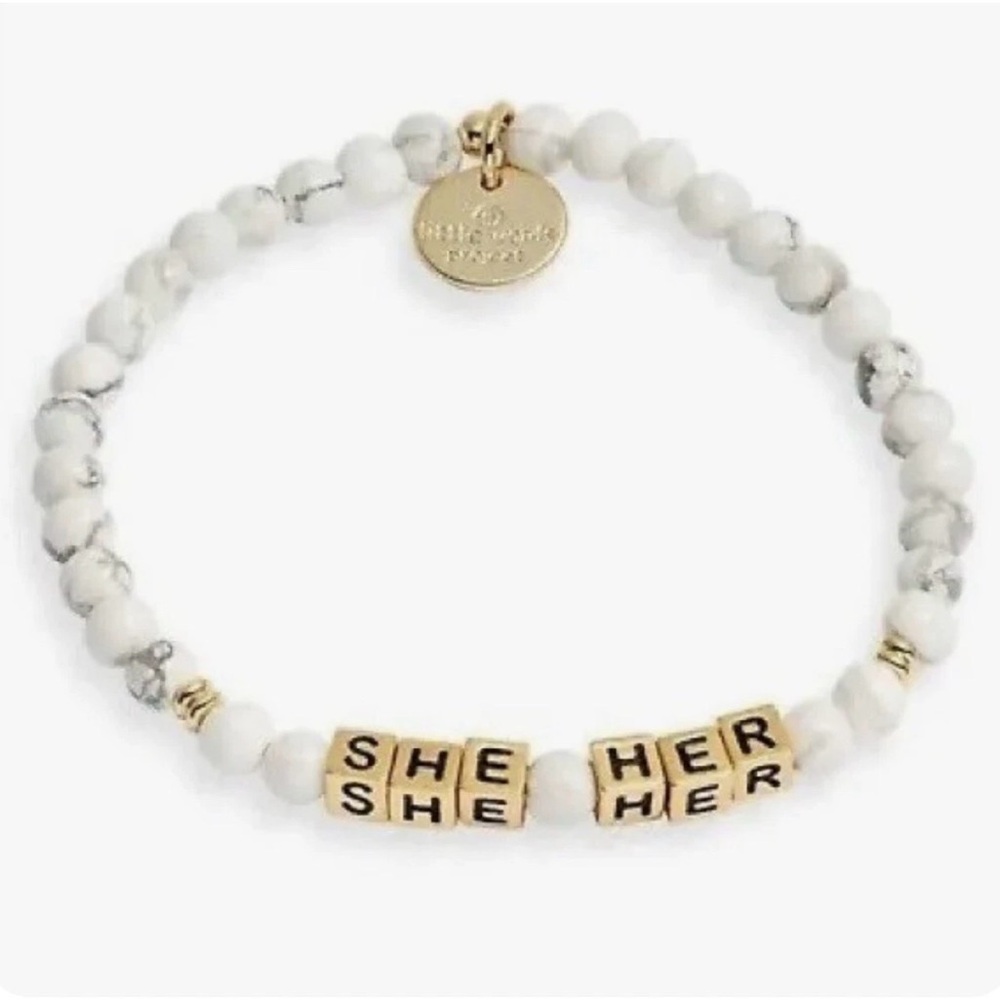 Little Words Project SHE HER PRONOUNS Bracelet White Stretch NWT